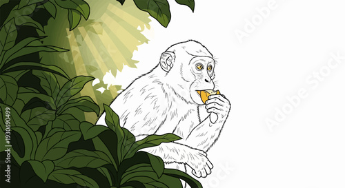 White chimpanzee eating fruit amidst lush green foliage and dappled sunlight