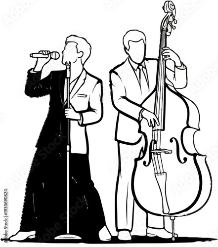 Two musicians, a singer with a microphone and a bassist with a double bass