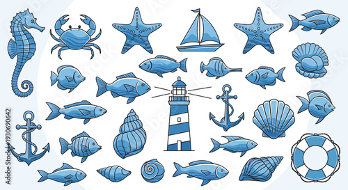 Blue Sea Creatures Icons with Lighthouse on White Background