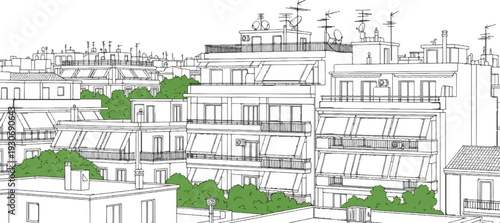 Urban apartment buildings with awnings and rooftop greenery