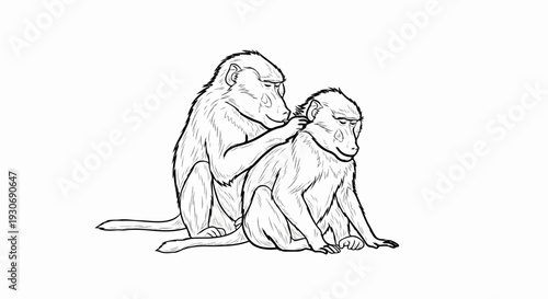 Two monkeys grooming each other with a sketchy line drawing style