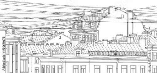 Urban rooftop scene with numerous chimneys and a network of wires above