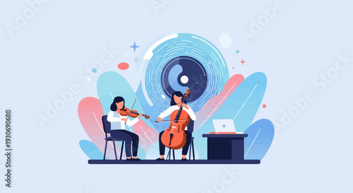 Two musicians playing violins and cellos with abstract background