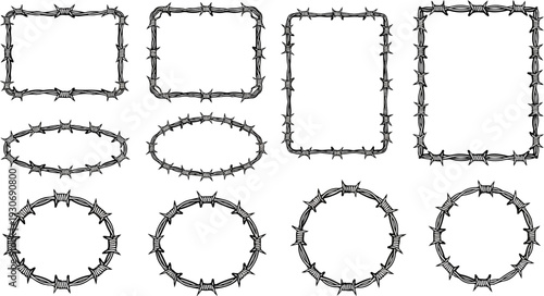 Various barbed wire frames and borders with sharp, metallic textures