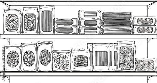 Various dried pasta shapes and forms stored neatly on shelves