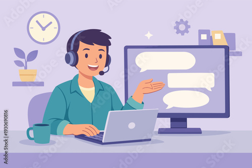 Call center agent wearing headset providing online customer support and chat service