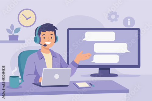 Customer support agent providing assistance and online technical help service