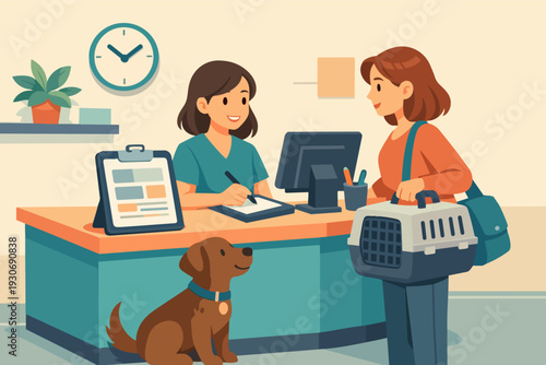 Vet clinic reception welcoming pet owner and dog checking in for animal care