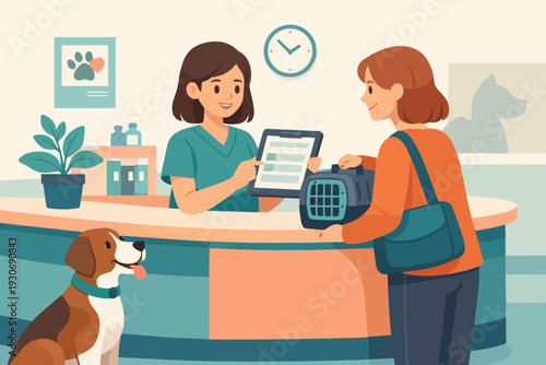 Veterinarian assisting pet owner completing paperwork for dog appointment at clinic reception