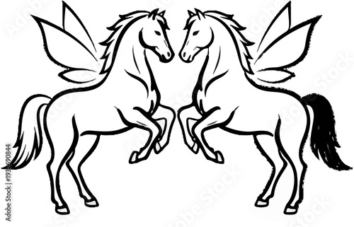 Two mythological winged horses, prancing in unison, black ink outline