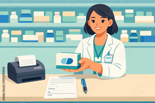 Pharmacist holding medicine box in drug store, offering medication and consultation