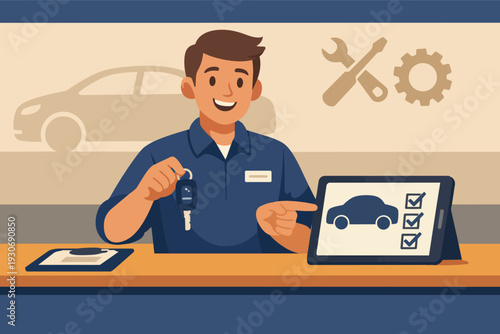 Mechanic holding car keys and pointing to digital inspection checklist on tablet