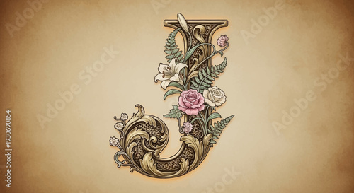 Ornate floral alphabet letter J illustration with flowers and leaves.