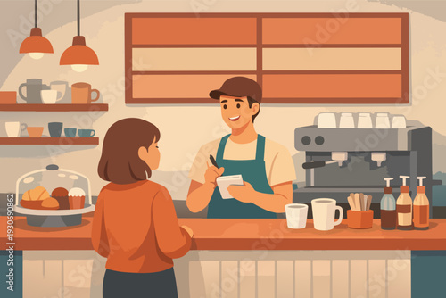Customer ordering coffee from barista, daily cafe service interaction
