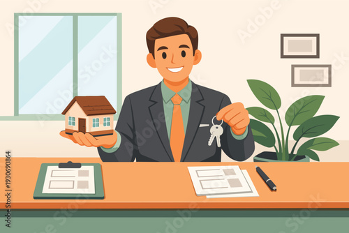 Real estate agent presenting house model and keys, offering property investment