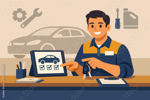 Mechanic showing car service checklist on tablet, offering maintenance and repair