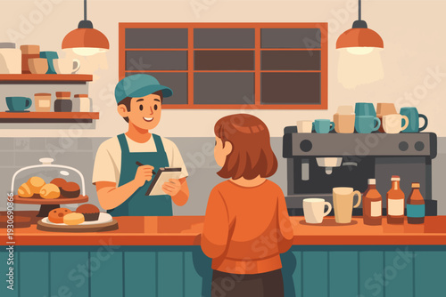 Barista taking customer's order for coffee and pastries in a modern cafe