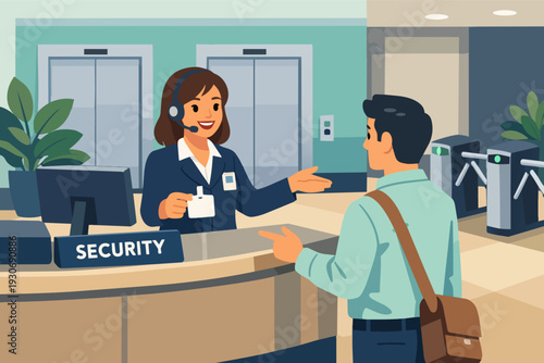 Security guard greeting visitor at reception desk, managing access system
