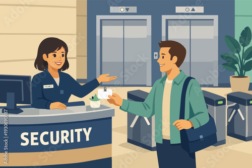 Security guard issuing access card to visitor at modern office building reception