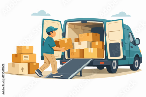 Delivery worker loading boxes into a transport van for shipping and logistics service