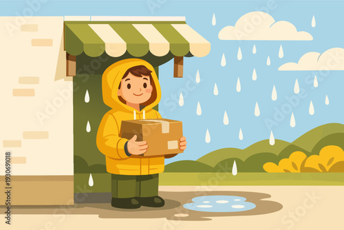 Delivery boy in yellow raincoat delivering package in the rain