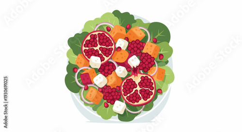 Vibrant salad with fresh greens, pomegranate seeds, cheese cubes, and orange chunks