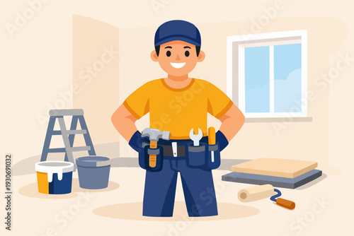 Handyman wearing tool belt, preparing for home renovation, construction, and repair work