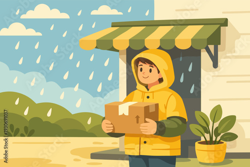 Courier wearing yellow raincoat holding a package outside home during rainy weather