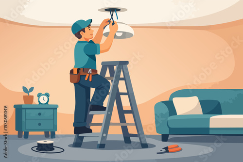Electrician installing ceiling lamp, a professional fixing electricity in home