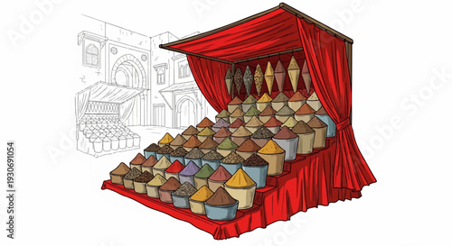 Vibrant marketplace stall displaying mounds of colorful spices in tiered buckets