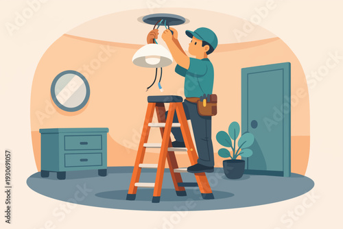 Handyman installing ceiling light, electrician working on home improvement