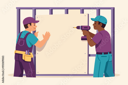 Construction workers installing drywall, building interior walls for home renovation