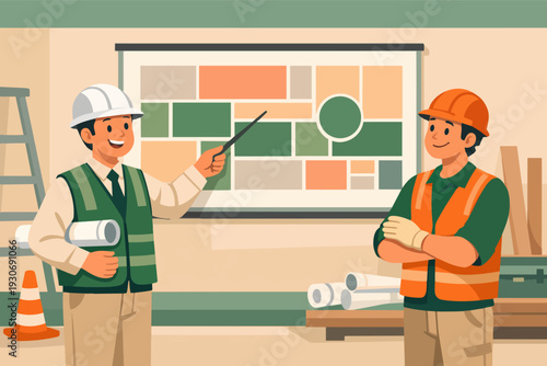 Construction manager explaining a plan to a worker on a building site