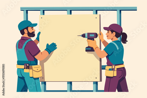Building crew working together installing drywall board with power drill