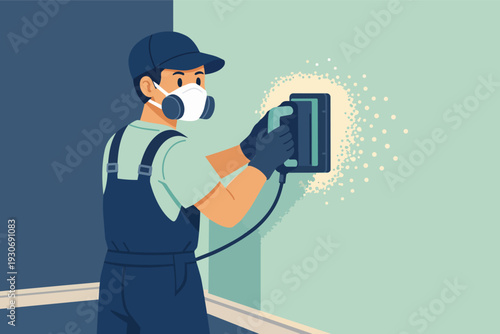 Worker sanding wall with power sander, wearing respirator mask for safety