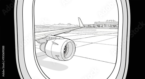 View of airplane engine and wing from window on tarmac near terminal