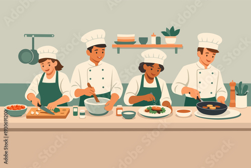 Diverse team of chefs cooking together in a professional kitchen preparing gourmet dishes