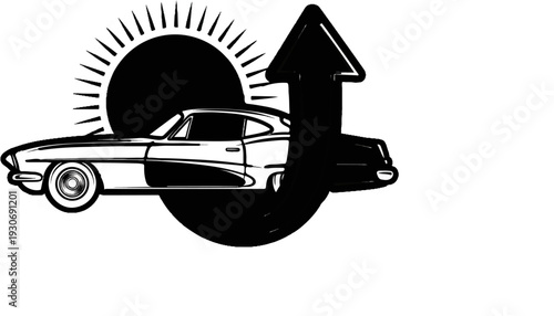 Vintage car with sun and upward arrow graphic