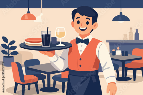 Waiter serving drinks and food on a tray in a busy restaurant or cafe environment