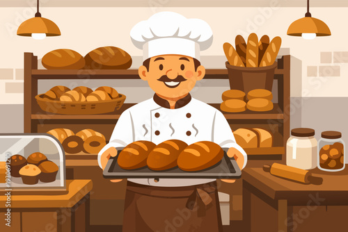 Male baker holding fresh loaves of bread in a traditional cartoon bakery setting