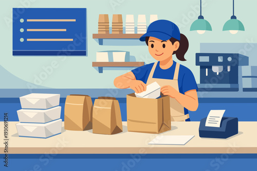 Woman employee packaging takeaway food order in paper bag for delivery service