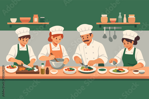 Professional chefs working in a restaurant kitchen preparing and serving food dishes