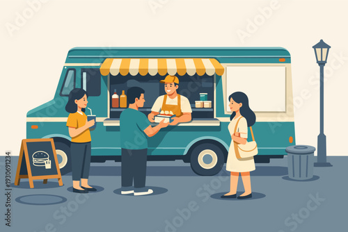 Street food truck chef serving customers, urban dining experience