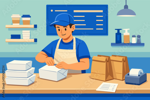 Fast food worker preparing takeout meals for online order delivery service