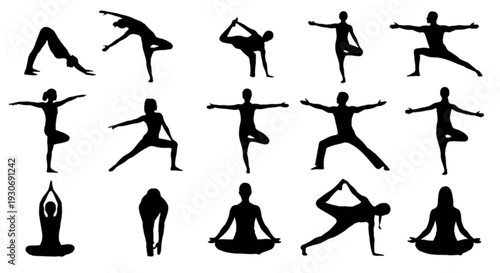 Diverse yoga poses illustrated in a black and white silhouette style for fitness enthusiasts isolated on transparent background, Vector