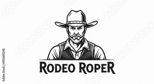 Vintage illustration of a bearded cowboy in a hat and vest, with text