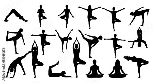 A collection of diverse yoga poses demonstrated by silhouetted figures in various stances isolated on transparent background, Vector