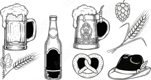 Vintage hand-drawn illustration of beer, hops, wheat, pretzel, and hat