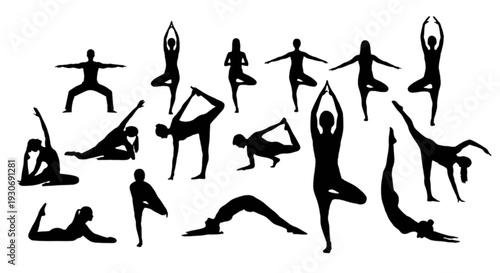 Silhouettes of people practicing various yoga poses in a dynamic sequence isolated on transparent background, Vector