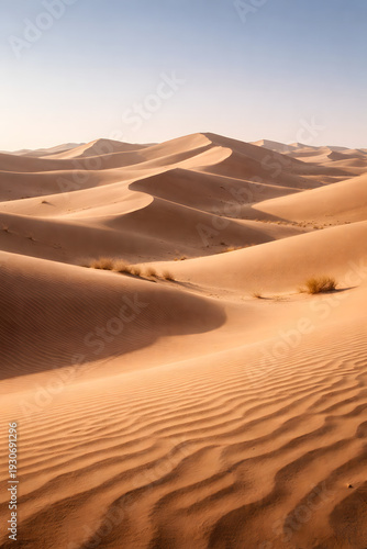 Golden Sand Dunes in Desert Landscape with Soft Light and Clear Sky